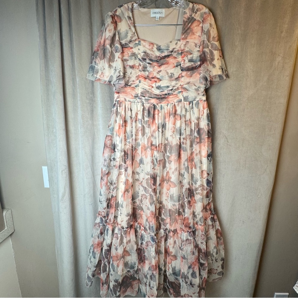 Chiffon Floral Maxi Dress in Blush Pink tan Gray layered feminine Ruffle tulle L